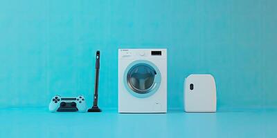 Home essentials displayed on a bright blue surface photo