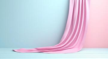 Pastel pink draped fabric against a light blue and pink backdrop photo
