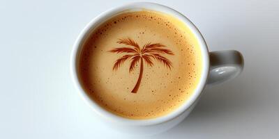 A coffee cup with a palm tree latte art design photo
