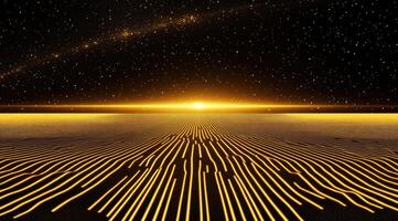 Golden horizon, digital lines on a dark space background photo