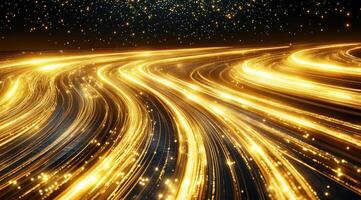 Golden light trails flowing over a dark surface photo