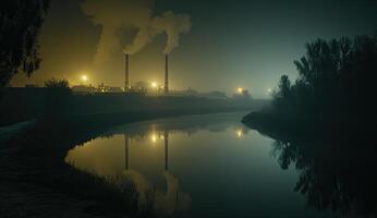 Industrial site at night reflecting on calm water photo