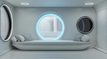 Futuristic, minimalist white room with circular windows and a comfortable seating area photo