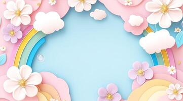 Pastel floral and cloud background with rainbows photo
