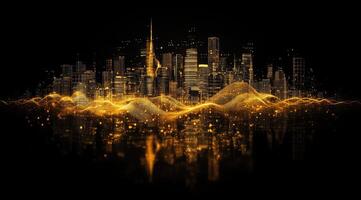 Golden city skyline, digitally rendered photo
