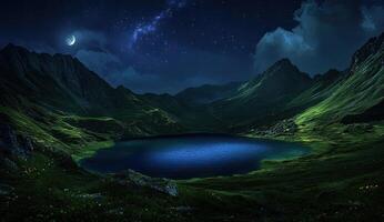 Mountain lake under a starry night sky photo
