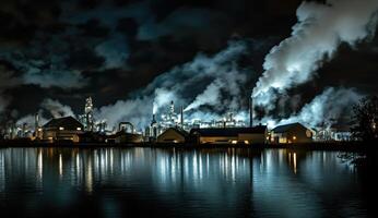 Industrial complex at night, reflecting in the water, with plumes of smoke rising photo