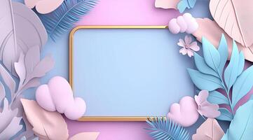 Pastel-toned floral and foliage design. A light blue rectangular frame with a gold border, surrounded by pastel-colored leaves, flowers, and clouds photo