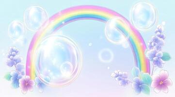 Pastel rainbow with bubbles and flowers photo