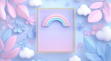 Pastel rainbow in a frame, surrounded by flowers and clouds photo
