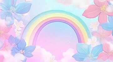 Pastel rainbow, flowers, and clouds. Delicate pastel colors, whimsical flowers, and a soft rainbow arch over fluffy clouds photo