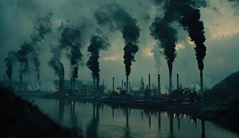Industrial pollution along a river photo