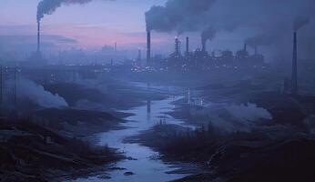 Industrial landscape at dawn, polluted river photo