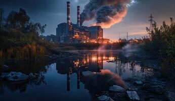 Industrial plant polluting a tranquil river at dawn photo