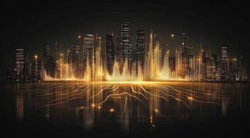 Futuristic city skyline at night, overlaid with data streams and light photo