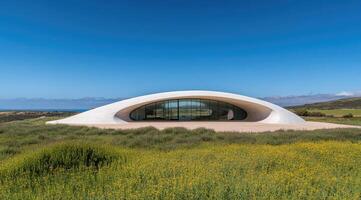 Modern architectural structure, curved, white, overlooking landscape photo
