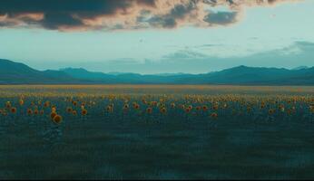 Vast field of sunflowers stretches to distant mountains at twilight photo