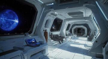 Sleek spaceship interior with panoramic views photo
