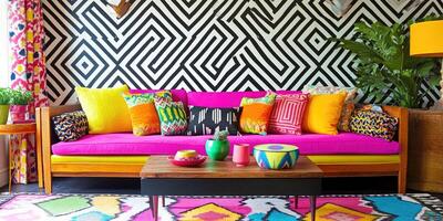 Vibrant living room with bold colors and patterns photo