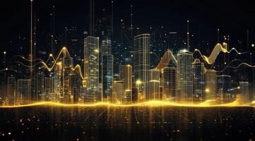 Golden city skyline with data overlay photo