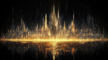 Golden futuristic city reflected on a still surface photo