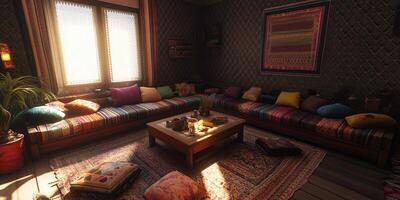 Cozy, sun-drenched living room with vibrant textiles photo