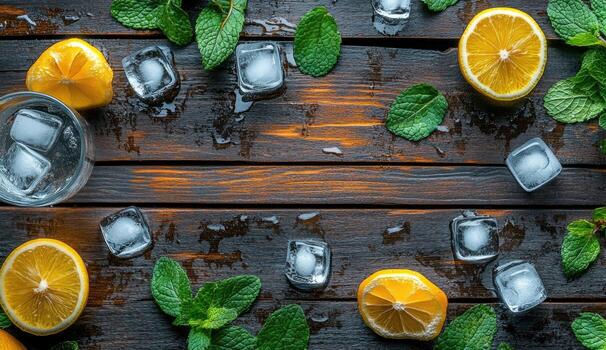 Refreshing summer beverage ingredients arranged on a rustic wooden surface photo