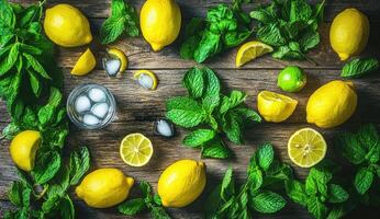 Fresh citrus and mint ingredients for a refreshing drink photo