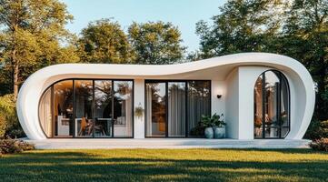 Modern, curved, minimalist home nestled in nature photo