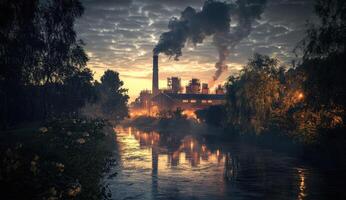 Industrial landscape at dawn with a river. Dark factory buildings, a smoking chimney, and a misty morning photo
