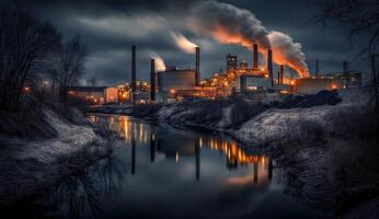 Industrial complex at twilight, reflecting in a frozen river photo