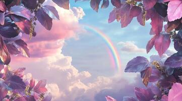 Pastel rainbow framed by leaves photo
