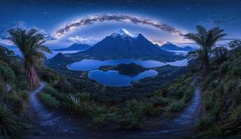 Nighttime vista of twin lakes, snow-capped peaks, and milky way. Lush vegetation surrounds a winding path photo