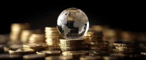 The Globe Surrounded by Stacks of Coins Symbolizing Global Wealth and Finance photo