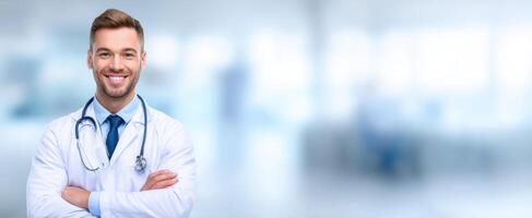 The smiling doctor standing confidently in a modern medical environment photo