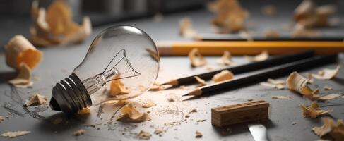 The lightbulb surrounded by pencils and creative shavings on a workspace table. photo