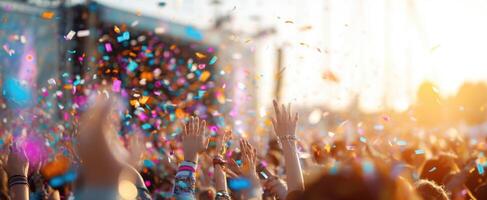 The joyful crowd celebrating at a vibrant outdoor concert with confetti. photo