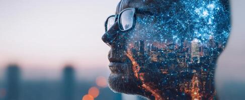 The profile of a human face merged with a bustling cityscape and digital elements. photo