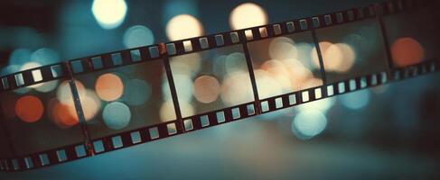 The film strip glimmering against a colorful bokeh background at night. photo