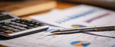 The calculator and pen on financial documents showcasing statistical analysis and planning. photo
