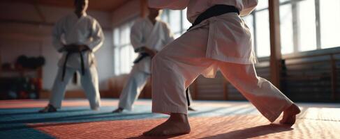 The karate athlete demonstrating a powerful stance during training in a dojo. photo
