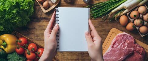The blank notebook surrounded by fresh ingredients for delicious home cooking. photo