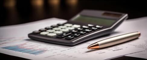 The calculator and pen resting on financial documents in a professional workspace. photo