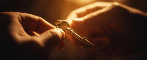 The golden key held in hands illuminated by soft warm light photo