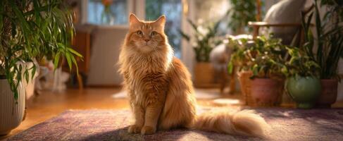 The majestic orange cat posing gracefully in a sunlit indoor garden. photo