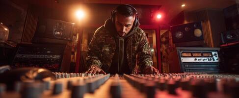 The focused music producer creating beats in a professional recording studio. photo
