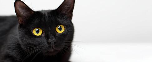 The striking black cat with beautiful yellow eyes on a soft surface. photo