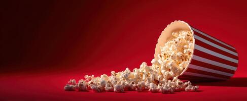 The overflowing popcorn container against a vibrant red background. photo