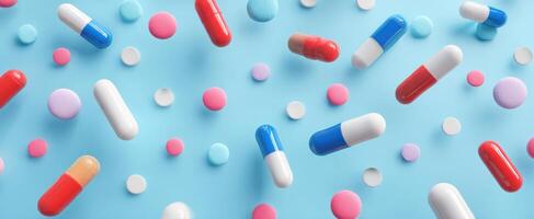 The colorful assortment of pills and capsules on a vibrant blue background. photo