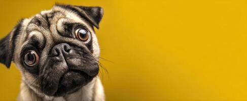 The adorable pug with captivating eyes against a vibrant yellow background. photo